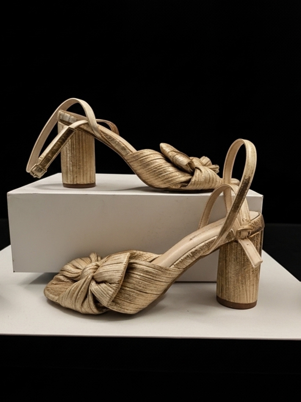 Unique Vintage Metallic Gold Knotted Block Heel Slingbacks